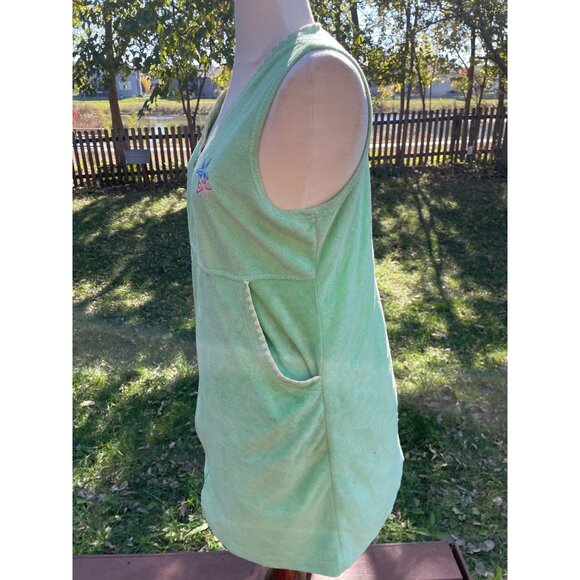 Sleeveless Green Terry Cloth Robe Beach Starfish Large Embroidery Front Zip & Po - Picture 6 of 9